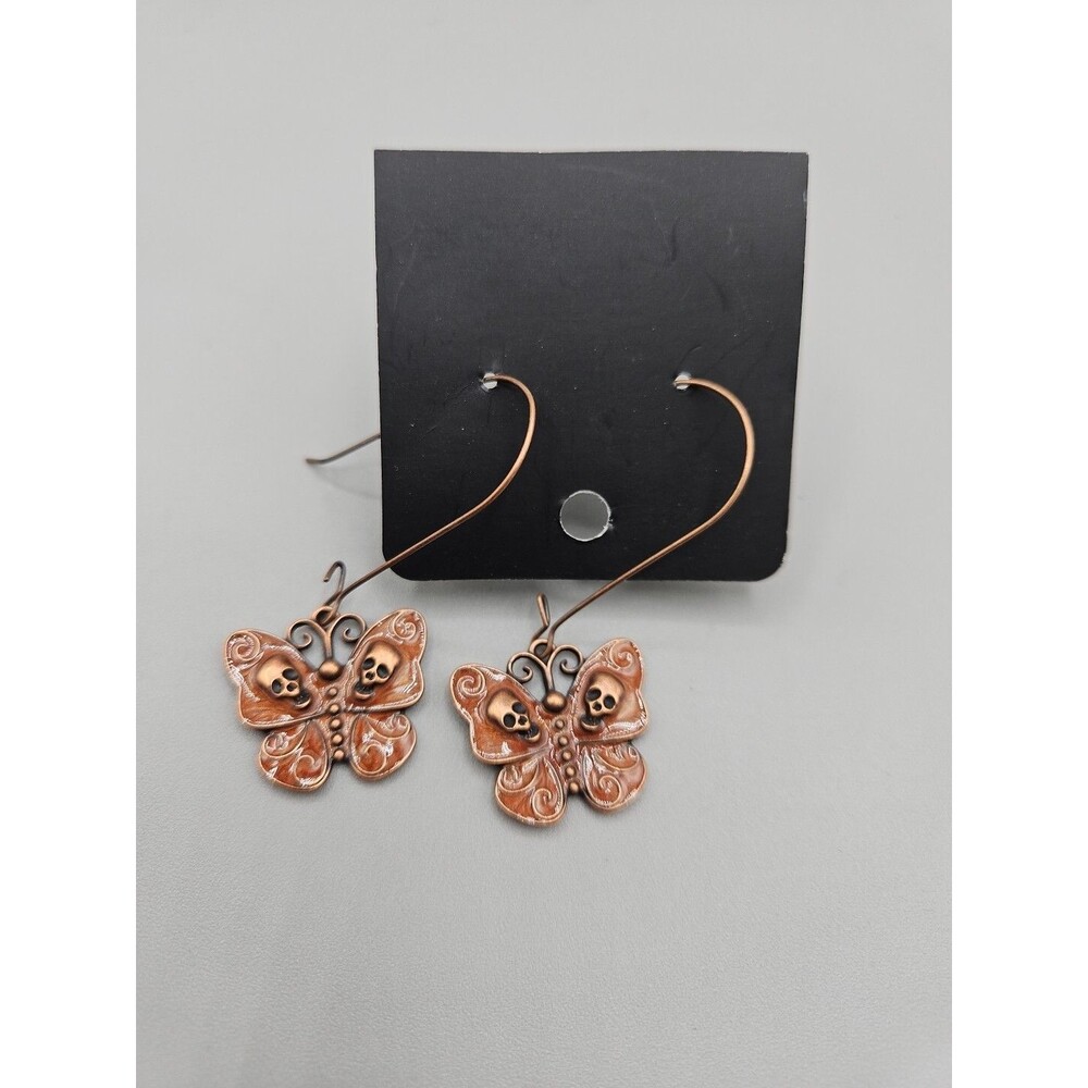 Butterfly Skull Copper Enamel Dangle Earrings Gothic Punk Metal Halloween